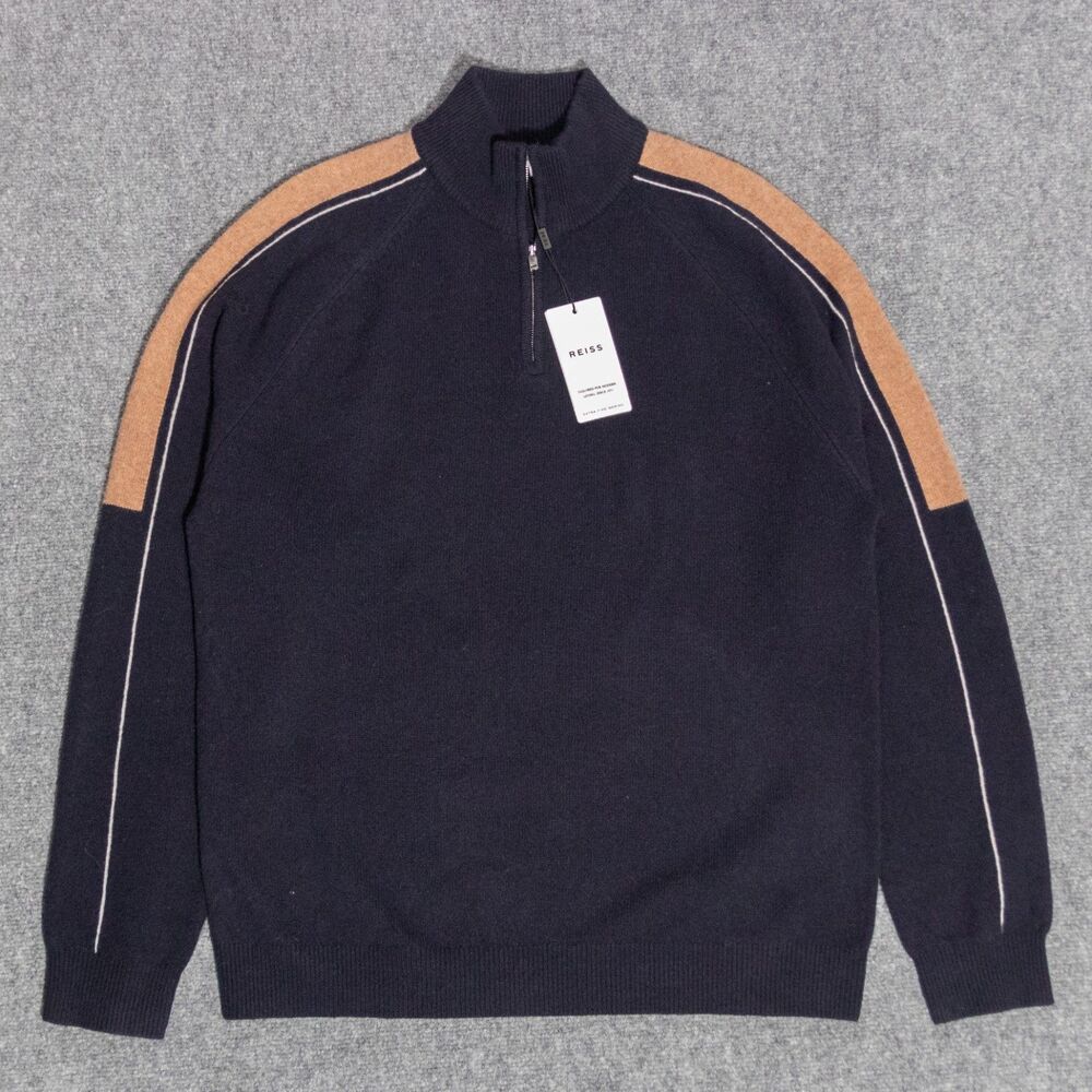 NWT Reiss Hyde Fine Merino Wool Half Zip Track Stripe Navy Sweater Men's XL $210